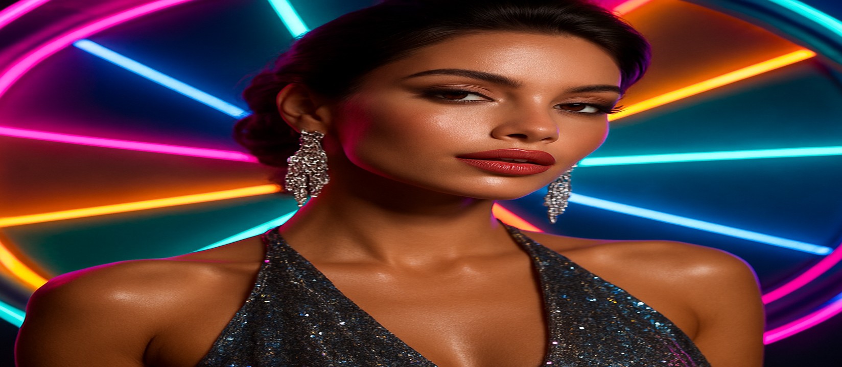 6777bd—বর্ণময় গেমিং প্ল্যাটফর্মের সামনে উজ্জ্বল পোশাকে এক নারী