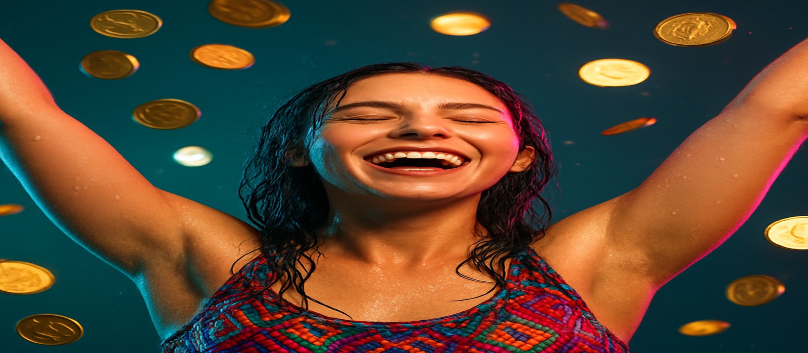 6777bd-এর সঙ্গে মুদ্রার ঝরনার মাঝে রঙিন পোশাকে এক নারী